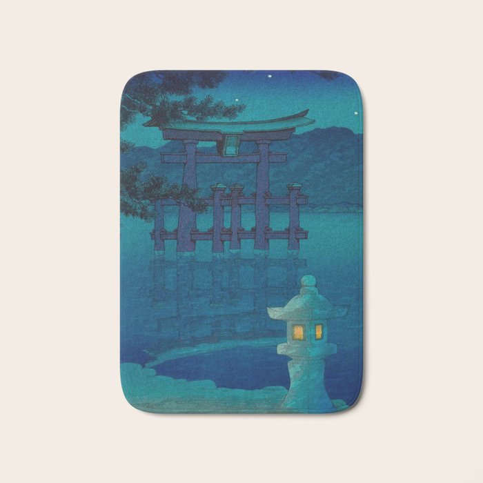 Japanese Woodblock print Torii In The Lake During Night Blue Monochromatic Bath Mat Gallery Image 1