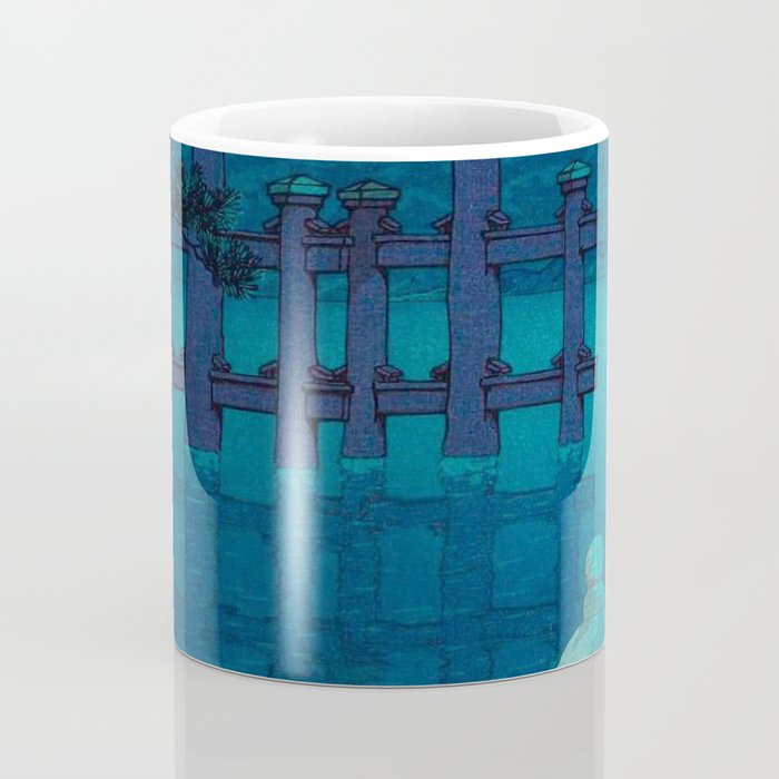 Japanese Woodblock print Torii In The Lake During Night Blue Monochromatic Coffee Mug Gallery Image 4
