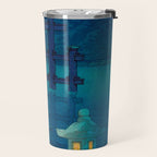 Japanese Woodblock print Torii In The Lake During Night Blue Monochromatic Travel Mug Gallery Image 2
