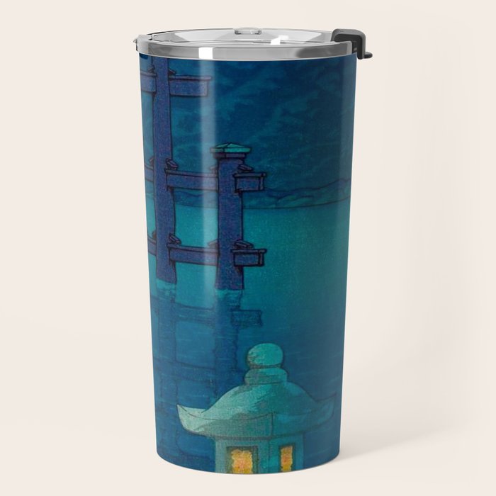 Japanese Woodblock print Torii In The Lake During Night Blue Monochromatic Travel Mug Gallery Image 2