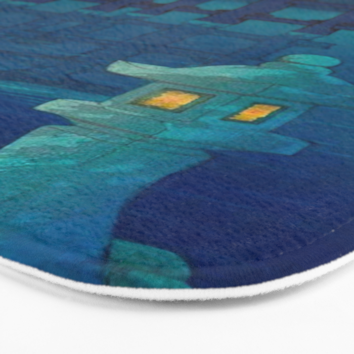 Japanese Woodblock print Torii In The Lake During Night Blue Monochromatic Bath Mat Gallery Image 3
