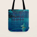 Japanese Woodblock print Torii In The Lake During Night Blue Monochromatic Tote Bag Gallery Image 1