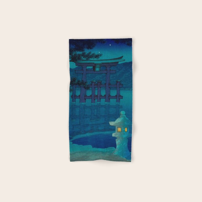Japanese Woodblock print Torii In The Lake During Night Blue Monochromatic Bath Towel Gallery Image 1