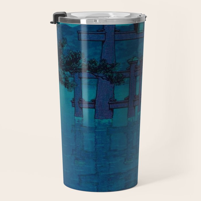 Japanese Woodblock print Torii In The Lake During Night Blue Monochromatic Travel Mug Gallery Image 3