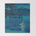 Japanese Woodblock print Torii In The Lake During Night Blue Monochromatic Throw Blanket Gallery Image 2