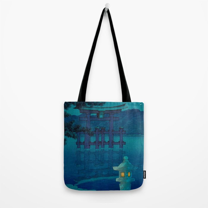 Japanese Woodblock print Torii In The Lake During Night Blue Monochromatic Tote Bag Gallery Image 2