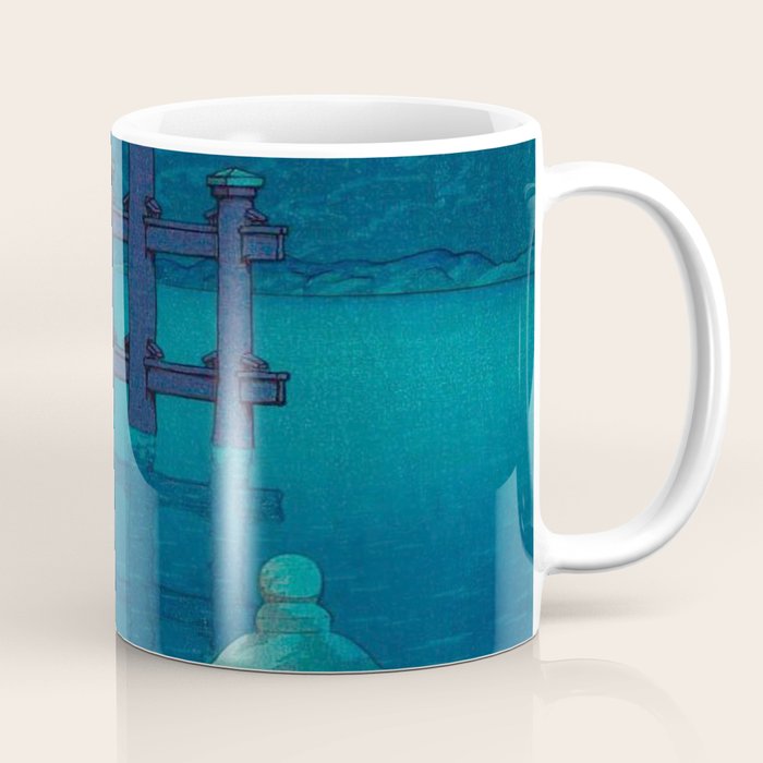 Japanese Woodblock print Torii In The Lake During Night Blue Monochromatic Coffee Mug Gallery Image 1