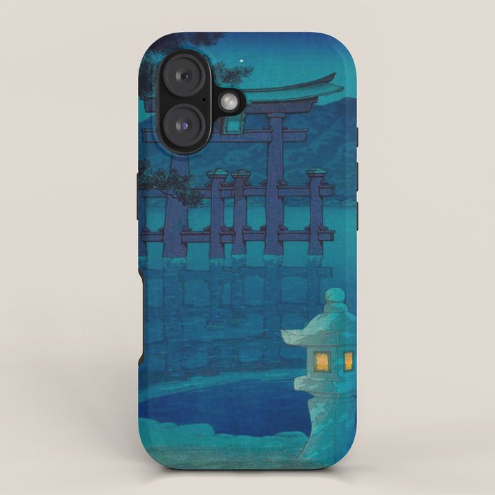 Japanese Woodblock print Torii In The Lake During Night Blue Monochromatic iPhone Case Gallery Image 1