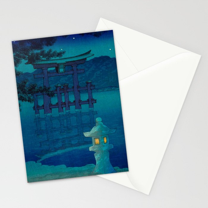 Japanese Woodblock print Torii In The Lake During Night Blue Monochromatic Stationery Card Gallery Image 2