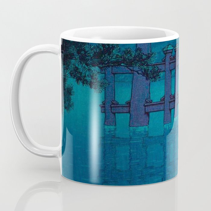 Japanese Woodblock print Torii In The Lake During Night Blue Monochromatic Coffee Mug Gallery Image 3