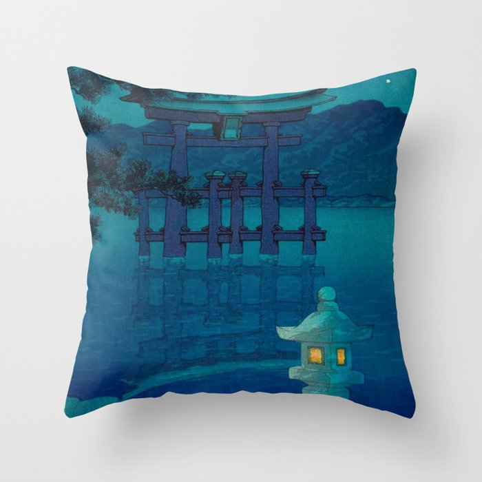 Japanese Woodblock print Torii In The Lake During Night Blue Monochromatic Throw Pillow Gallery Image 6