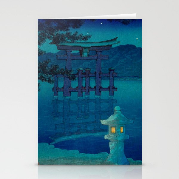 Japanese Woodblock print Torii In The Lake During Night Blue Monochromatic Stationery Card Gallery Image 2