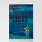 Japanese Woodblock print Torii In The Lake During Night Blue Monochromatic Stationery Card Gallery Image 2