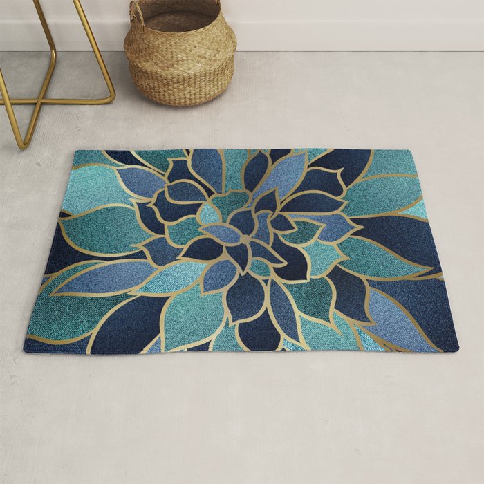 Festive, Floral Prints, Navy Blue, Teal and Gold Rug Gallery Image 1
