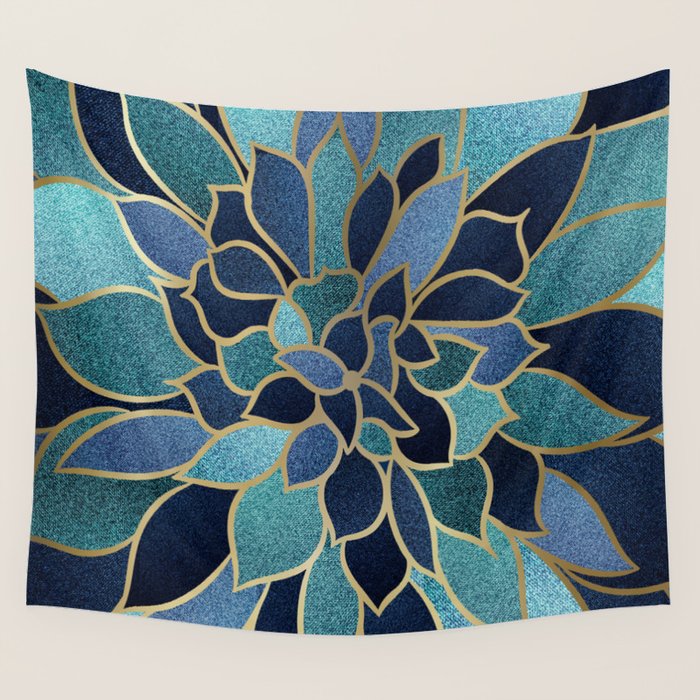 Festive, Floral Prints, Navy Blue, Teal and Gold Wall Tapestry Gallery Image 4
