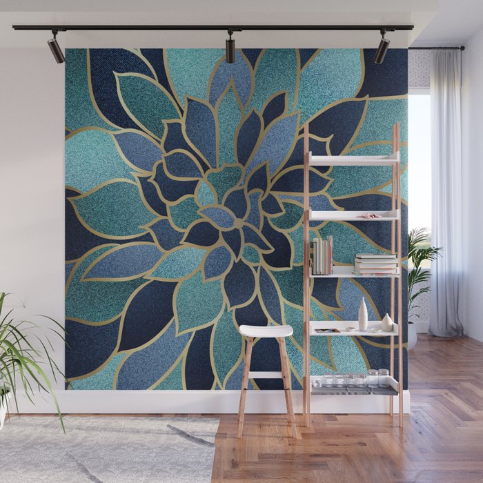 Festive, Floral Prints, Navy Blue, Teal and Gold Wall Mural Gallery Image 1