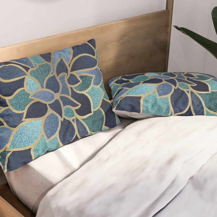 Festive, Floral Prints, Navy Blue, Teal and Gold Pillow Sham Gallery Image 2
