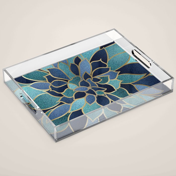 Festive, Floral Prints, Navy Blue, Teal and Gold Acrylic Tray Gallery Image 1