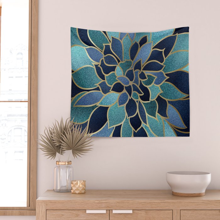Festive, Floral Prints, Navy Blue, Teal and Gold Wall Tapestry Gallery Image 2