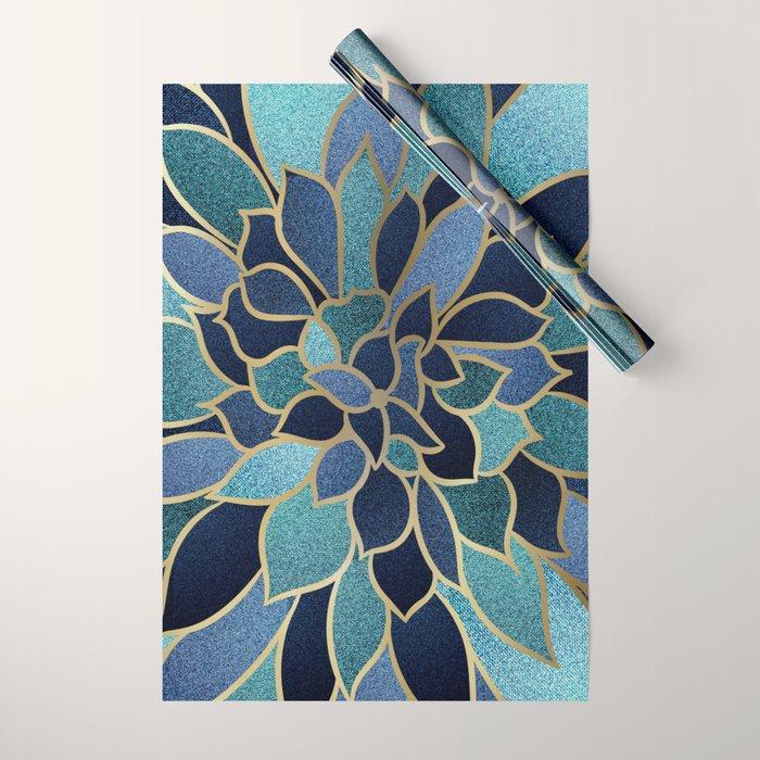 Festive, Floral Prints, Navy Blue, Teal and Gold Wrapping Paper Gallery Image 1