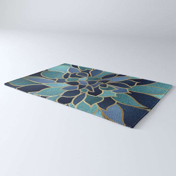 Festive, Floral Prints, Navy Blue, Teal and Gold Rug Gallery Image 3
