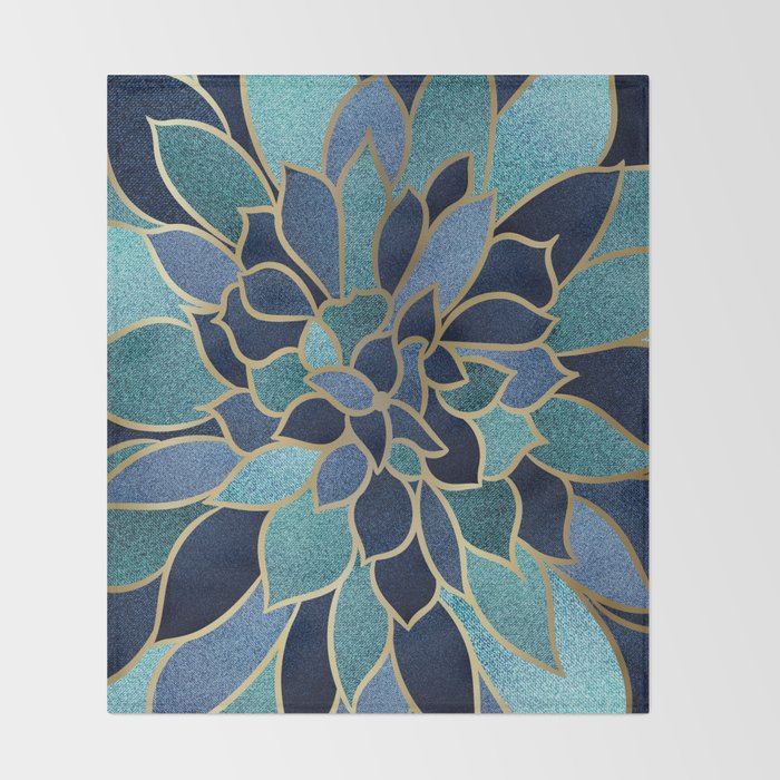 Festive, Floral Prints, Navy Blue, Teal and Gold Throw Blanket Gallery Image 2