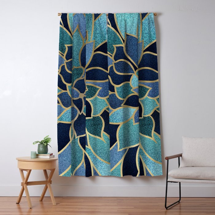 Festive, Floral Prints, Navy Blue, Teal and Gold Window Curtain Gallery Image 1