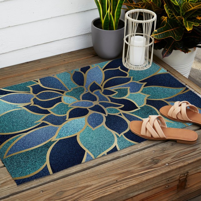 Festive, Floral Prints, Navy Blue, Teal and Gold Outdoor Rug Gallery Image 2
