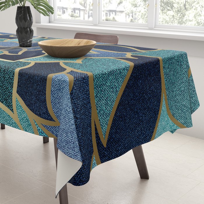 Festive, Floral Prints, Navy Blue, Teal and Gold Tablecloth Gallery Image 3