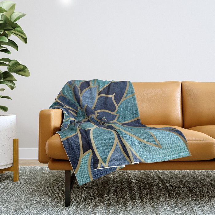Festive, Floral Prints, Navy Blue, Teal and Gold Throw Blanket Gallery Image 1