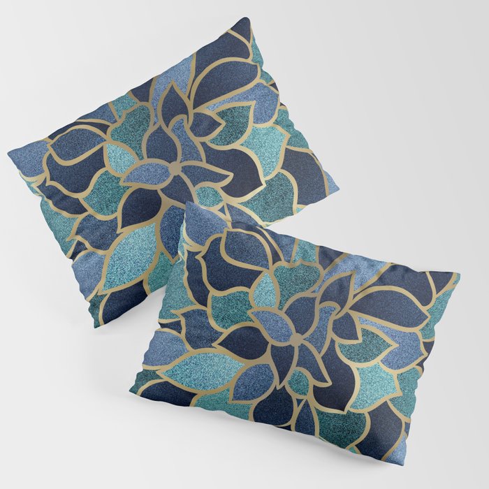 Festive, Floral Prints, Navy Blue, Teal and Gold Pillow Sham Gallery Image 1