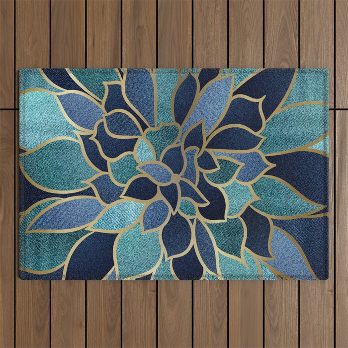 Festive, Floral Prints, Navy Blue, Teal and Gold Outdoor Rug Gallery Image 1