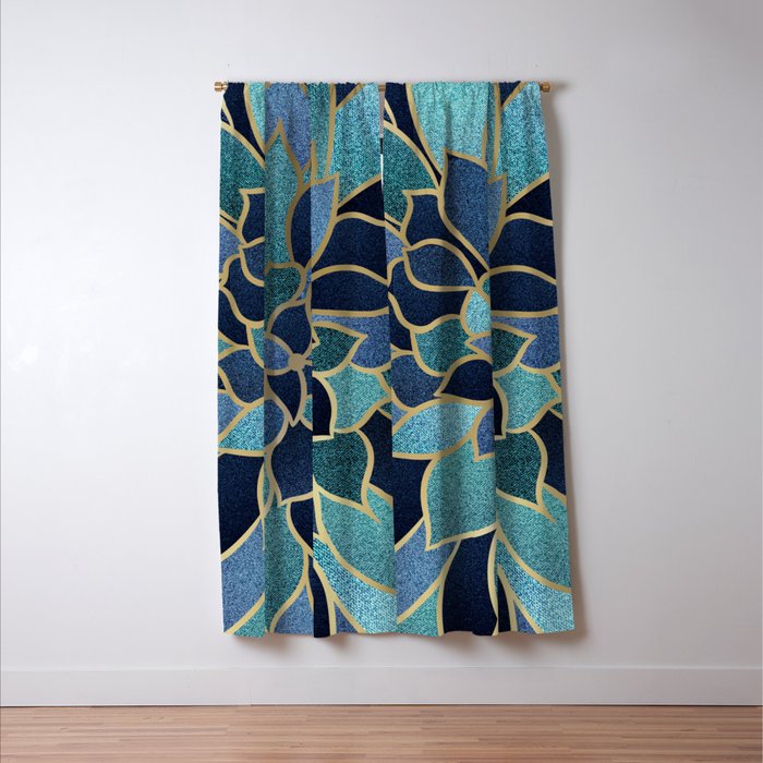 Festive, Floral Prints, Navy Blue, Teal and Gold Window Curtain Gallery Image 3