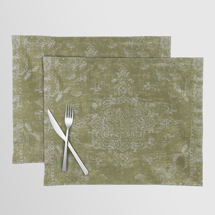 Antique Persian Vintage Rug Print Olive Green Placemat Gallery Image 1