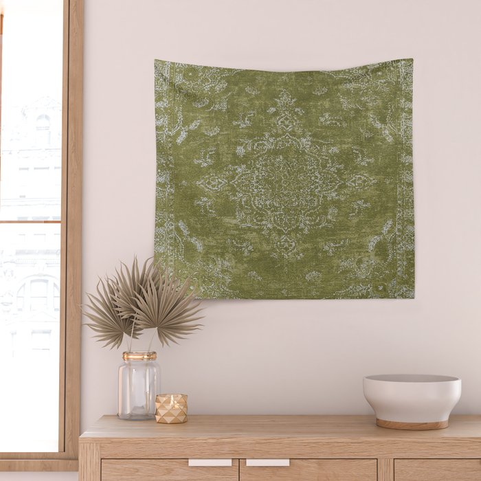 Antique Persian Vintage Rug Print Olive Green Wall Tapestry Gallery Image 2
