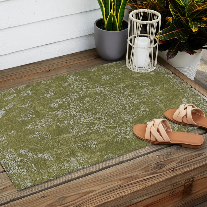 Antique Persian Vintage Rug Print Olive Green Outdoor Rug Gallery Image 2