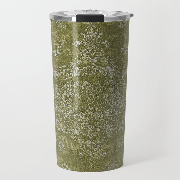 Antique Persian Vintage Rug Print Olive Green Travel Mug Gallery Image 1