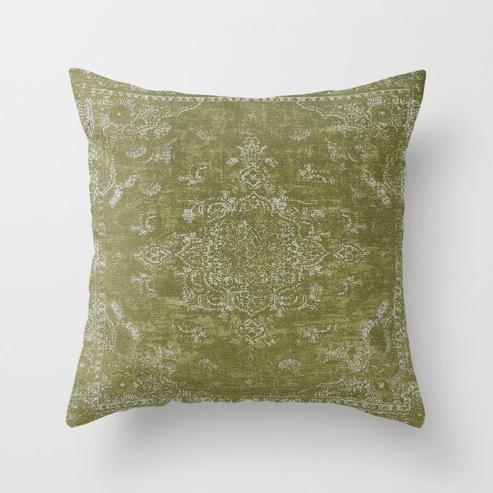 Antique Persian Vintage Rug Print Olive Green Throw Pillow Gallery Image 6