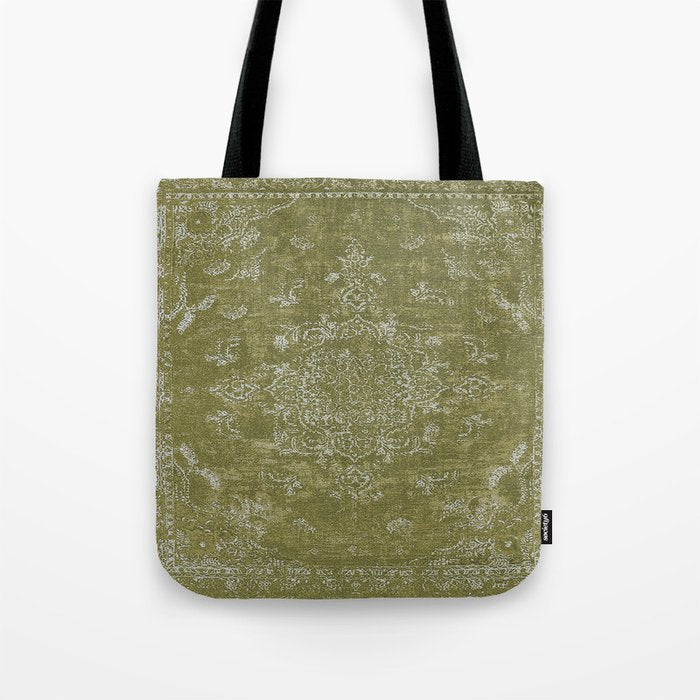 Antique Persian Vintage Rug Print Olive Green Tote Bag Gallery Image 1