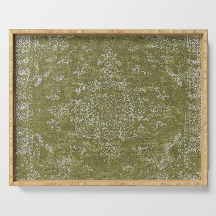 Antique Persian Vintage Rug Print Olive Green Serving Tray Gallery Image 1