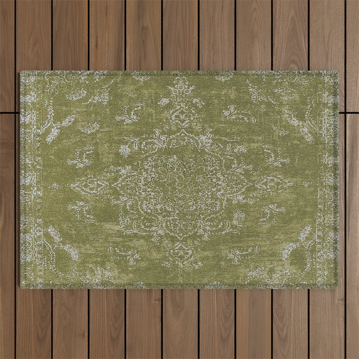 Antique Persian Vintage Rug Print Olive Green Outdoor Rug Gallery Image 1
