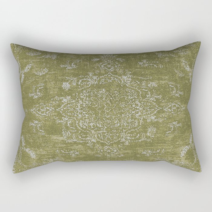 Antique Persian Vintage Rug Print Olive Green Rectangular Pillow Gallery Image 1