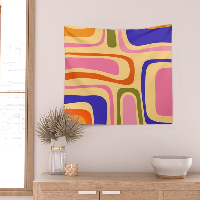Palm Springs Retro Mid Century Modern Colourful Abstract Pattern Yellow Orange Pink Blue Green Wall Tapestry Gallery Image 2