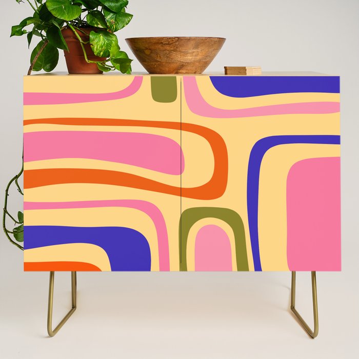 Palm Springs Retro Mid Century Modern Colourful Abstract Pattern Yellow Orange Pink Blue Green Credenza Gallery Image 1