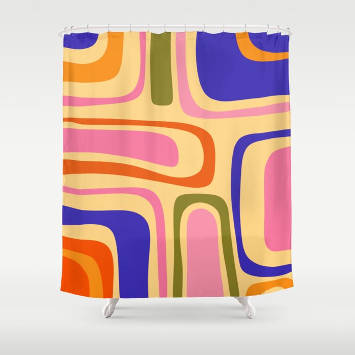 Palm Springs Retro Mid Century Modern Colourful Abstract Pattern Yellow Orange Pink Blue Green Shower Curtain Gallery Image 1