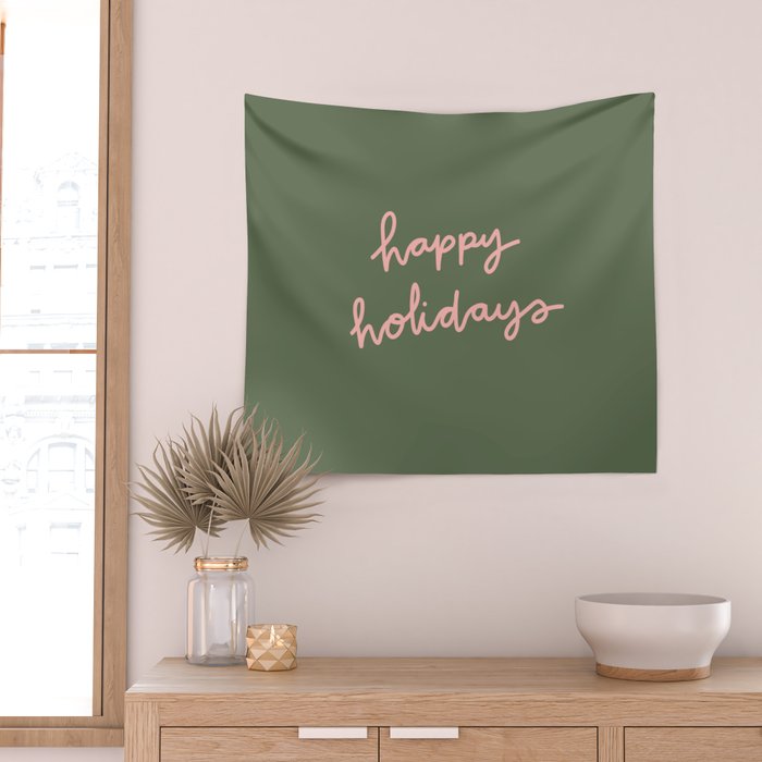 Happy Holidays Green & Pink Wall Tapestry Gallery Image 2