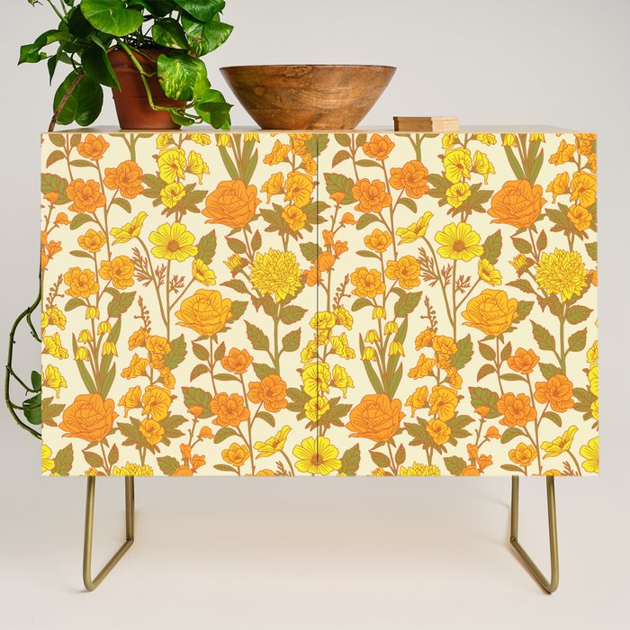 Yellow Vintage-Inspired 70s Floral Cottage Garden Credenza Gallery Image 1