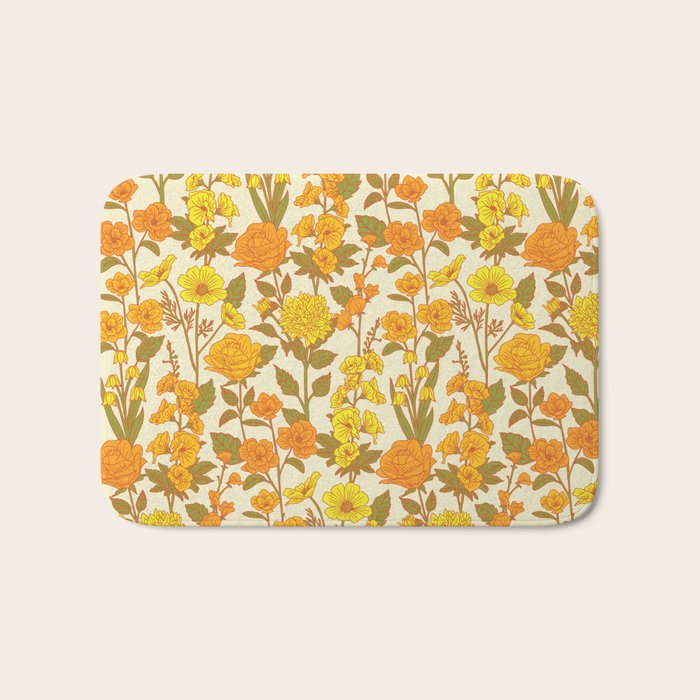 Yellow Vintage-Inspired 70s Floral Cottage Garden Bath Mat Gallery Image 1