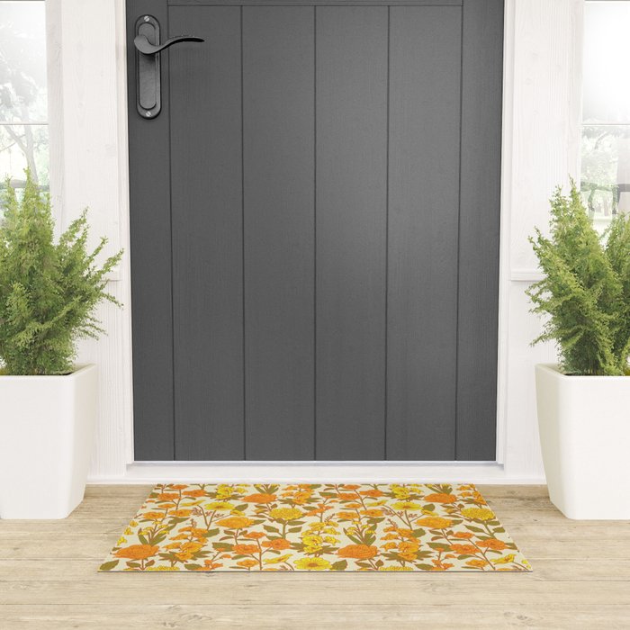 Yellow Vintage-Inspired 70s Floral Cottage Garden Welcome Mat Gallery Image 3