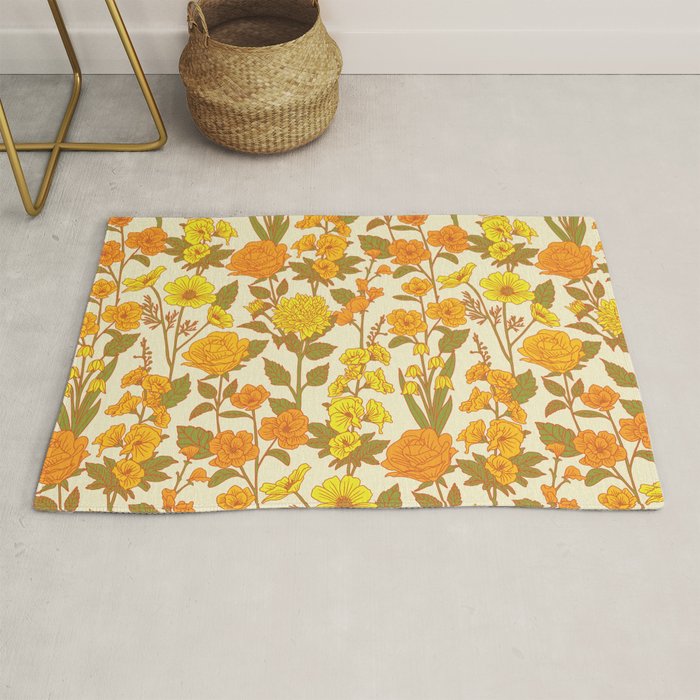 Yellow Vintage-Inspired 70s Floral Cottage Garden Rug Gallery Image 1